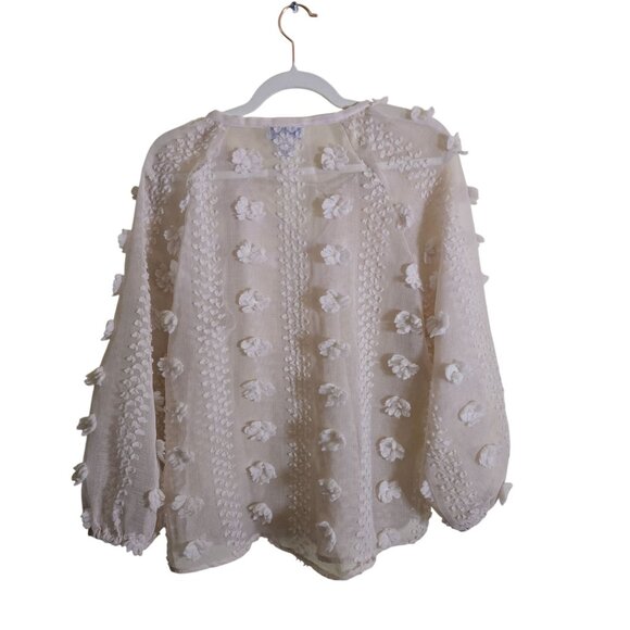 Calypso St. Barth Sheer 3D Floral Balloon Sleeve Tassel Tie Peasant Blouse SizeM - Picture 3 of 8